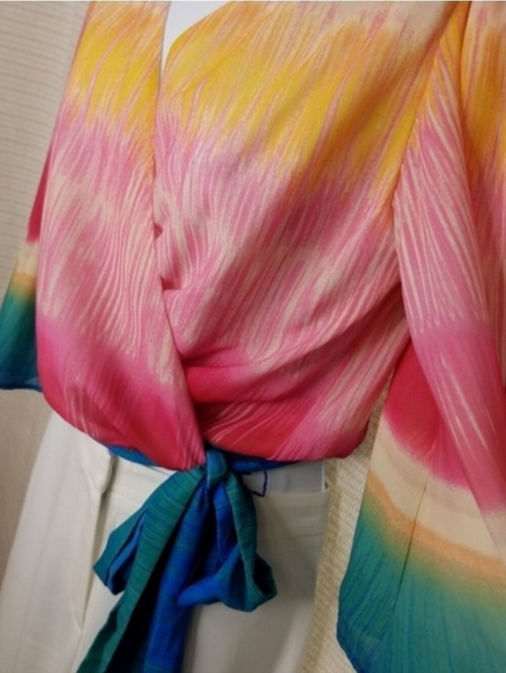 Jealoys Tomato Vibrant Multi-Color Wrap Top with Tie Waist - Picture 9 of 10